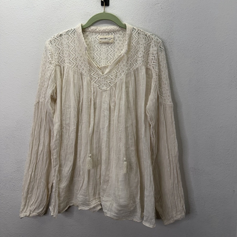 Denim & Supply Ralph Lauren Cotton Gauze Peasant Top Womens M Lace Cream Ivory